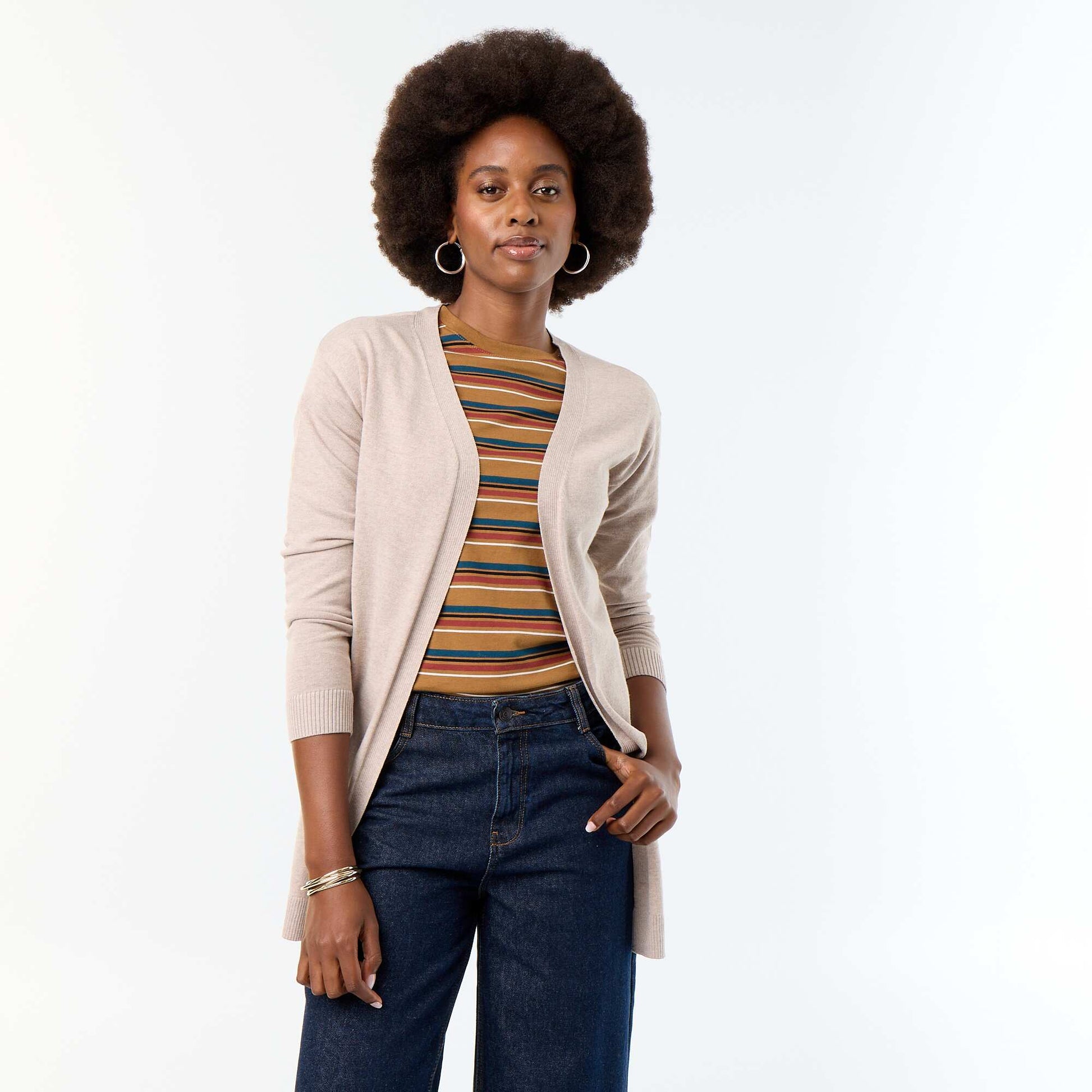 Fine-gauge open knit short cardigan BEIGE