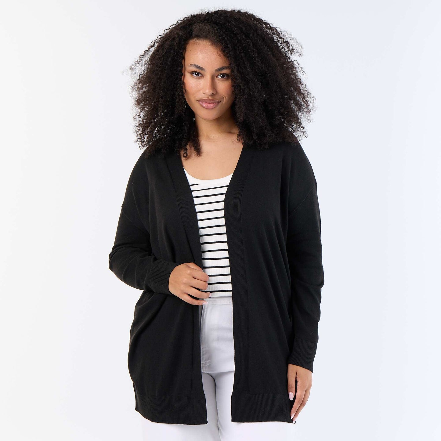 Long Open Fine-Gauge Knit Cardigan BLACK