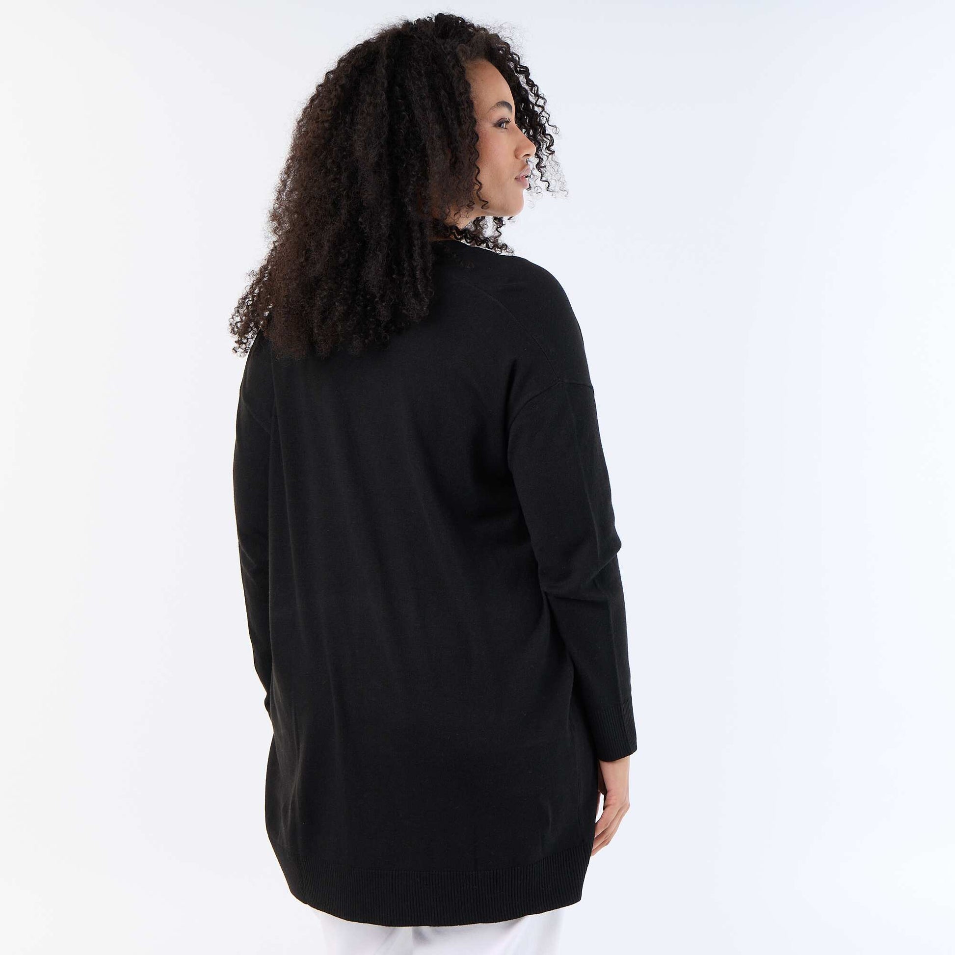 Long Open Fine-Gauge Knit Cardigan BLACK