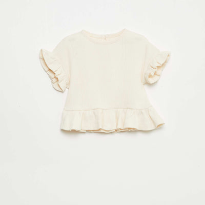 Ribbed T-shirt with ruffled edges BEIGE