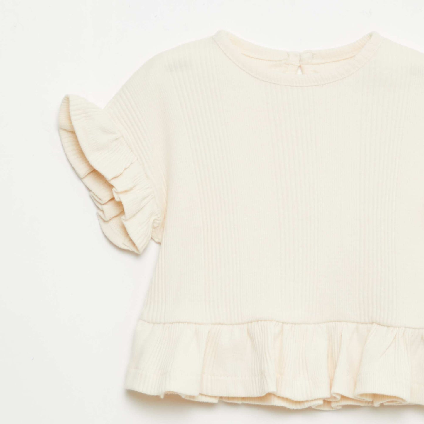 Ribbed T-shirt with ruffled edges BEIGE
