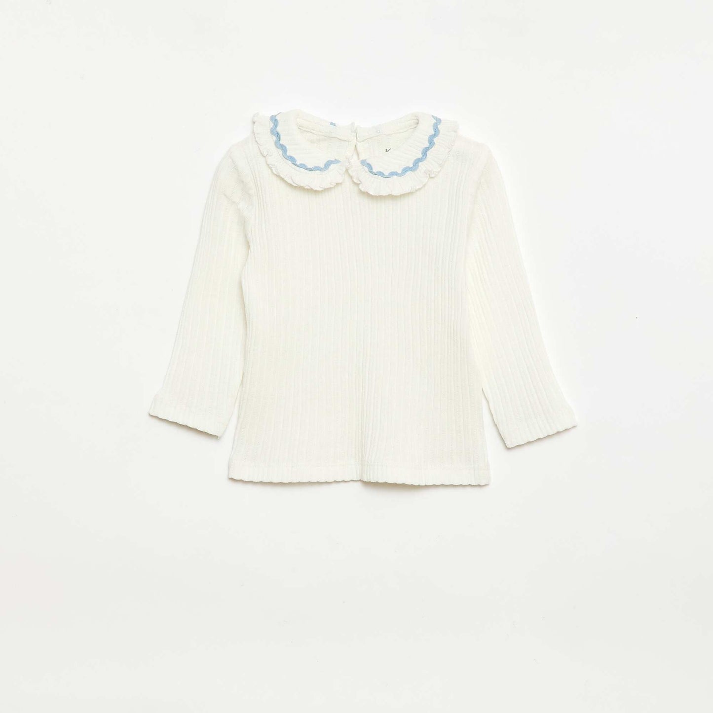 Ribbed Knit T-shirt with Peter Pan Collar and Colored Trim WHITE