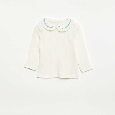 Ribbed Knit T-shirt with Peter Pan Collar and Colored Trim WHITE