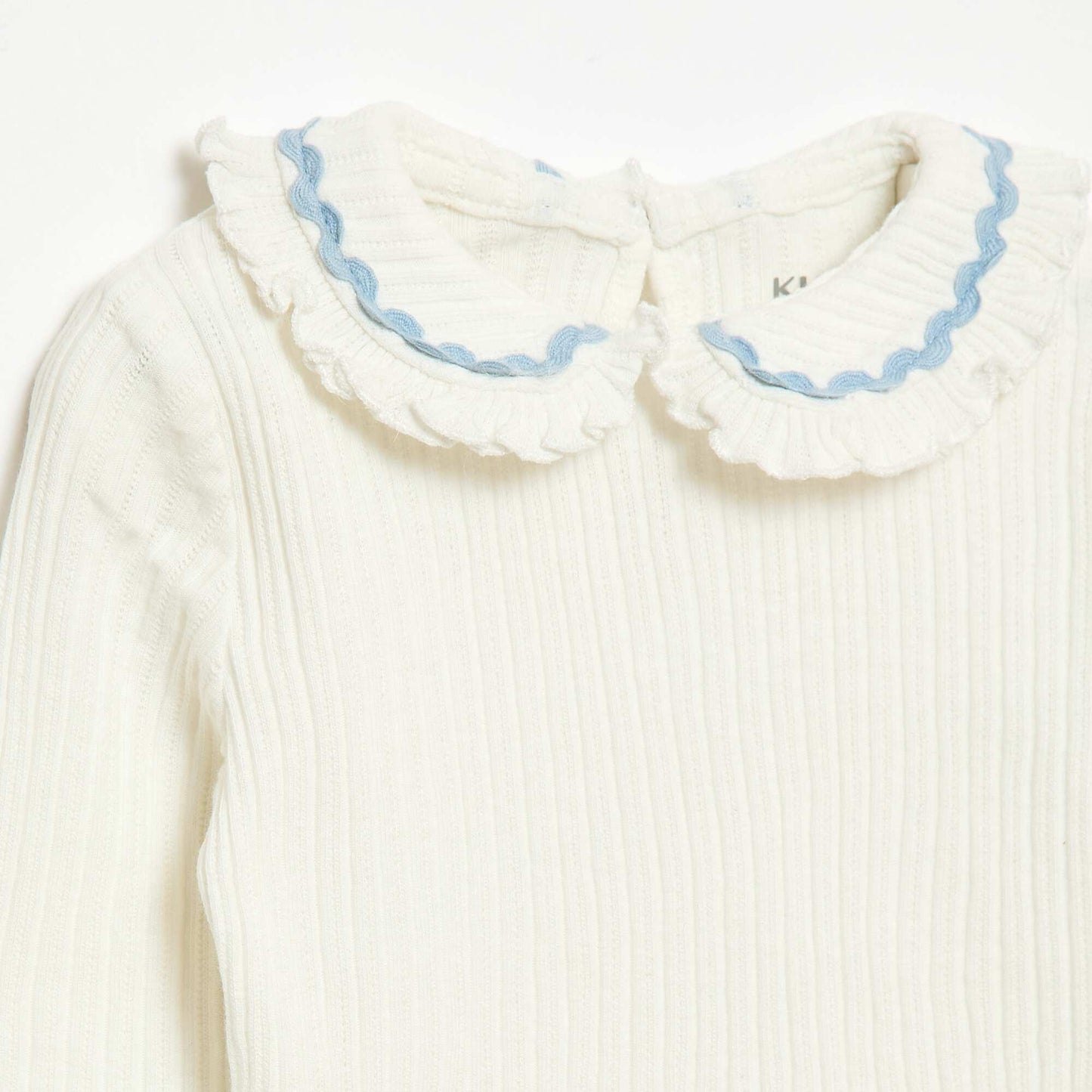 Ribbed Knit T-shirt with Peter Pan Collar and Colored Trim WHITE