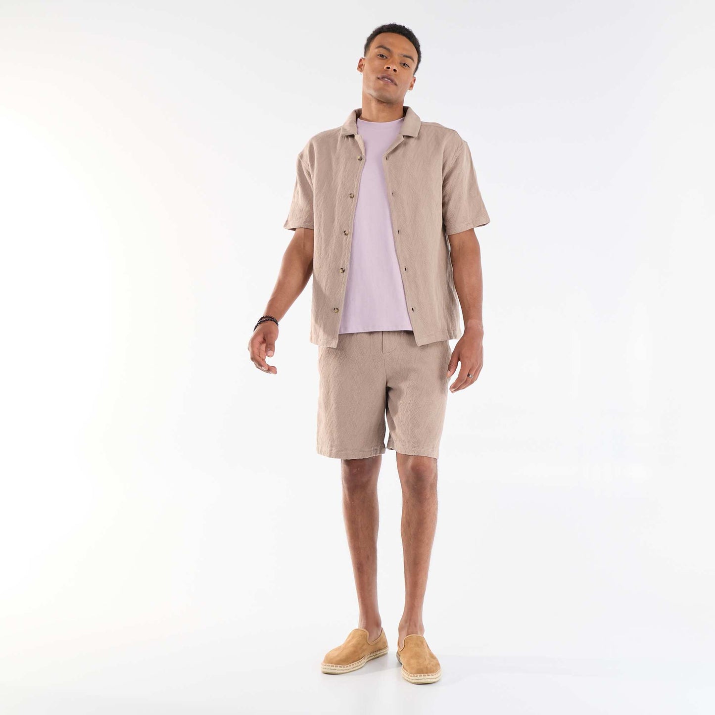 Jacquard Knit Short-Sleeve Shirt BEIGE