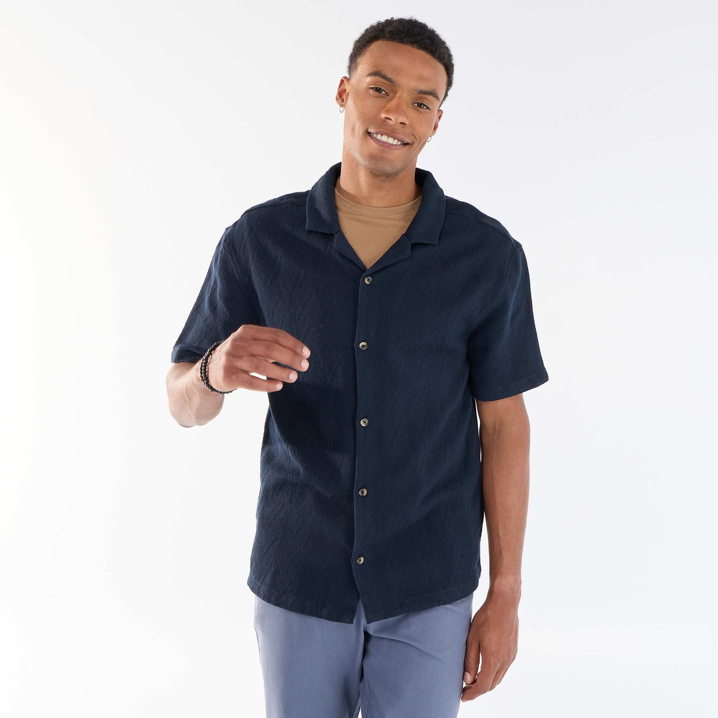 Jacquard Knit Short-Sleeve Shirt BLUE