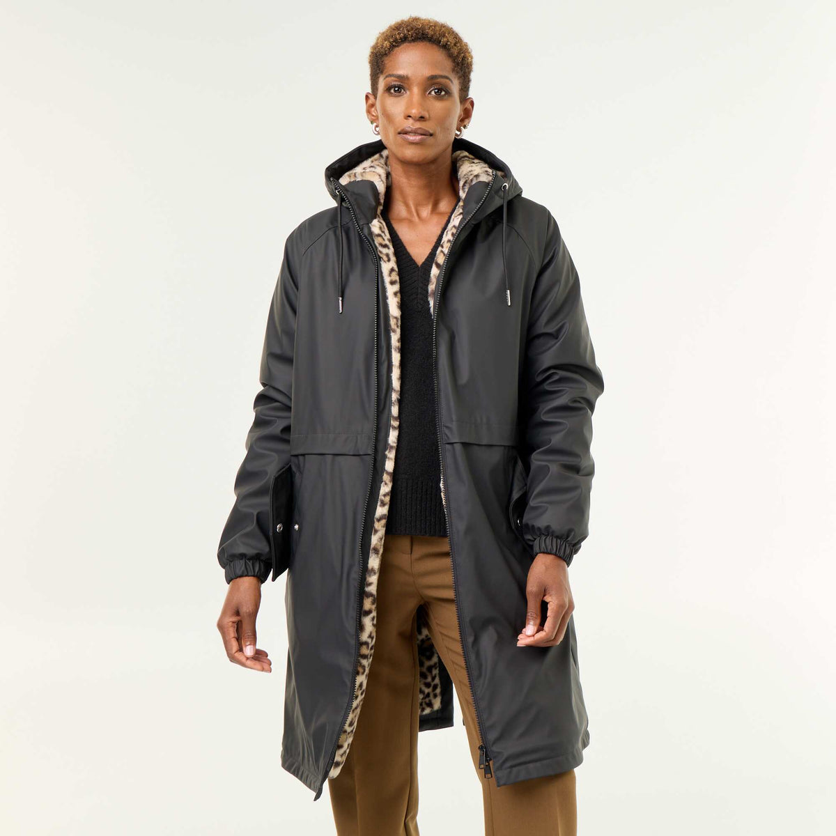 Straight-cut faux fur lined parka BLACK