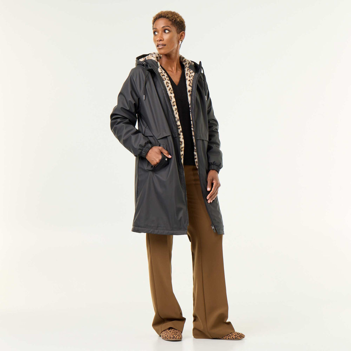 Straight-cut faux fur lined parka BLACK