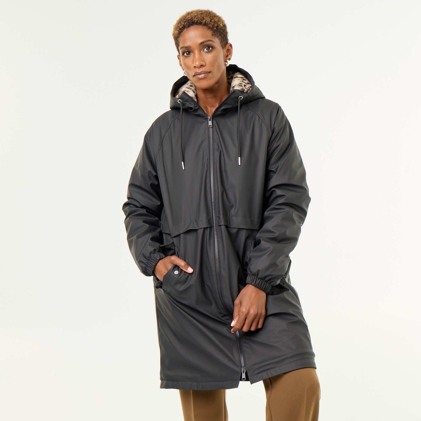 Straight-cut faux fur lined parka BLACK