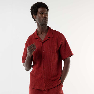 Waffle Knit Short-Sleeve Shirt RED