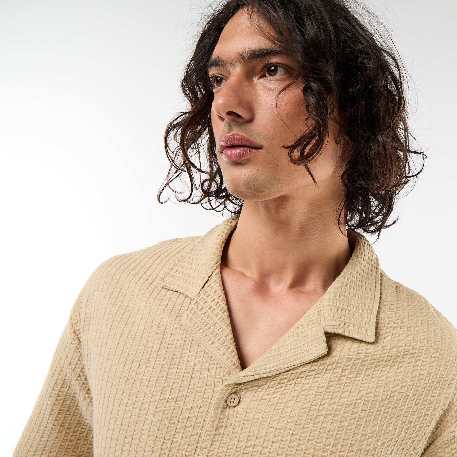 Waffle Knit Short-Sleeve Shirt BEIGE