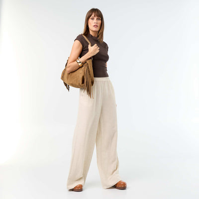 Wide-leg trousers with elasticated waist BEIGE