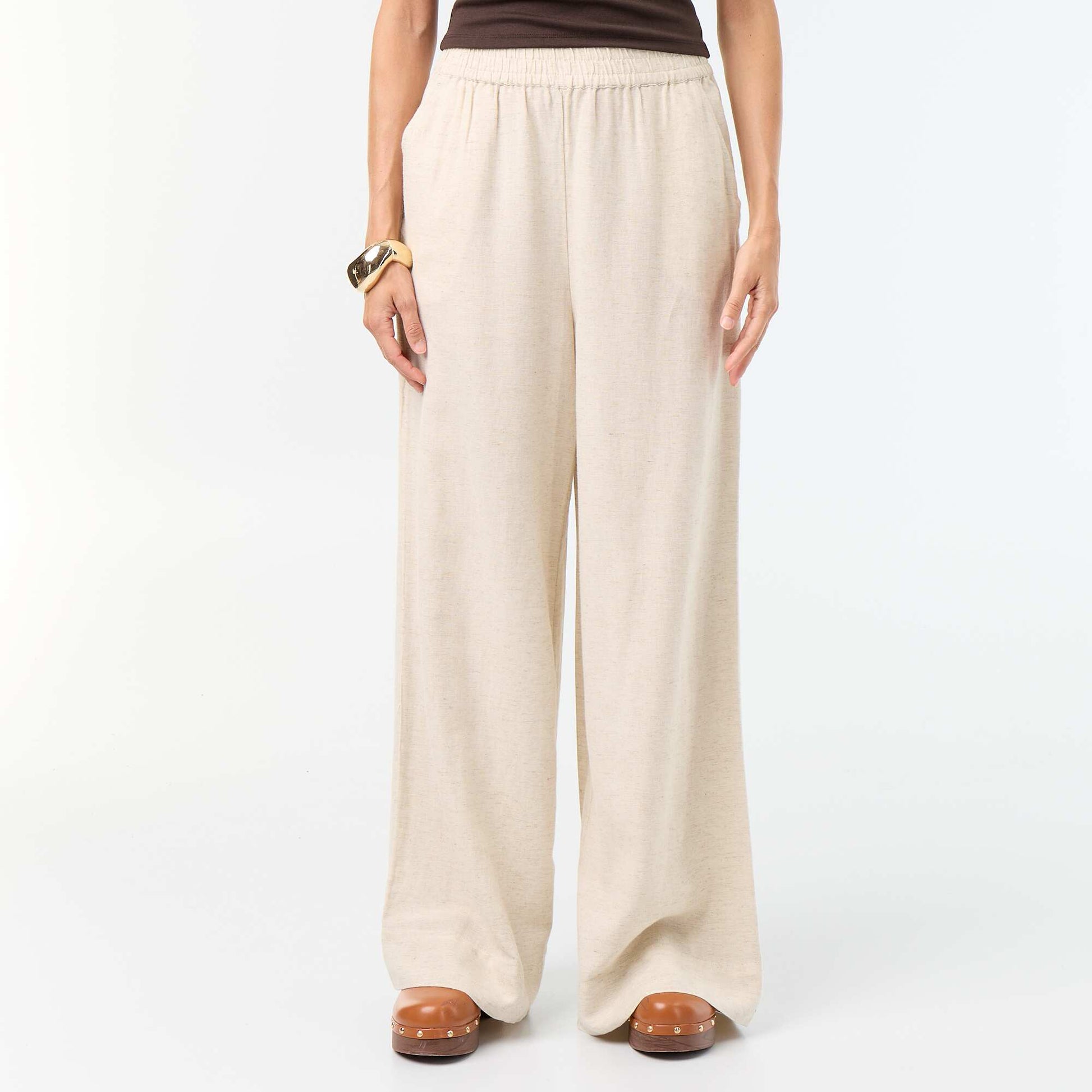 Wide-leg trousers with elasticated waist BEIGE