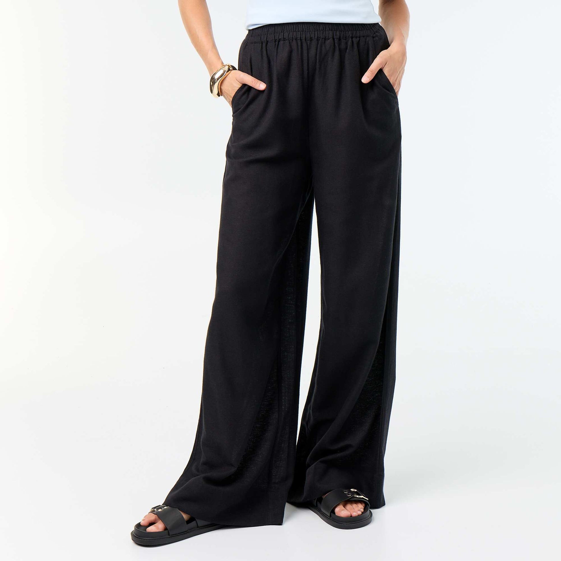 Wide-leg trousers with elasticated waist BLACK