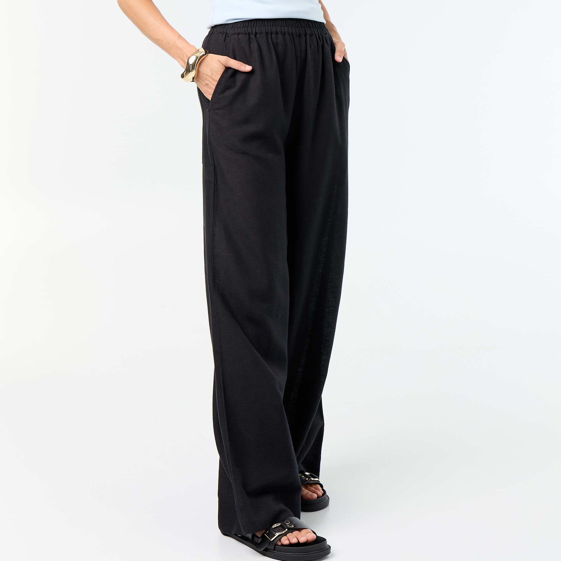Wide-leg trousers with elasticated waist BLACK