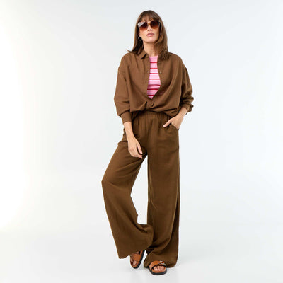 Wide-leg trousers with elasticated waist BROWN