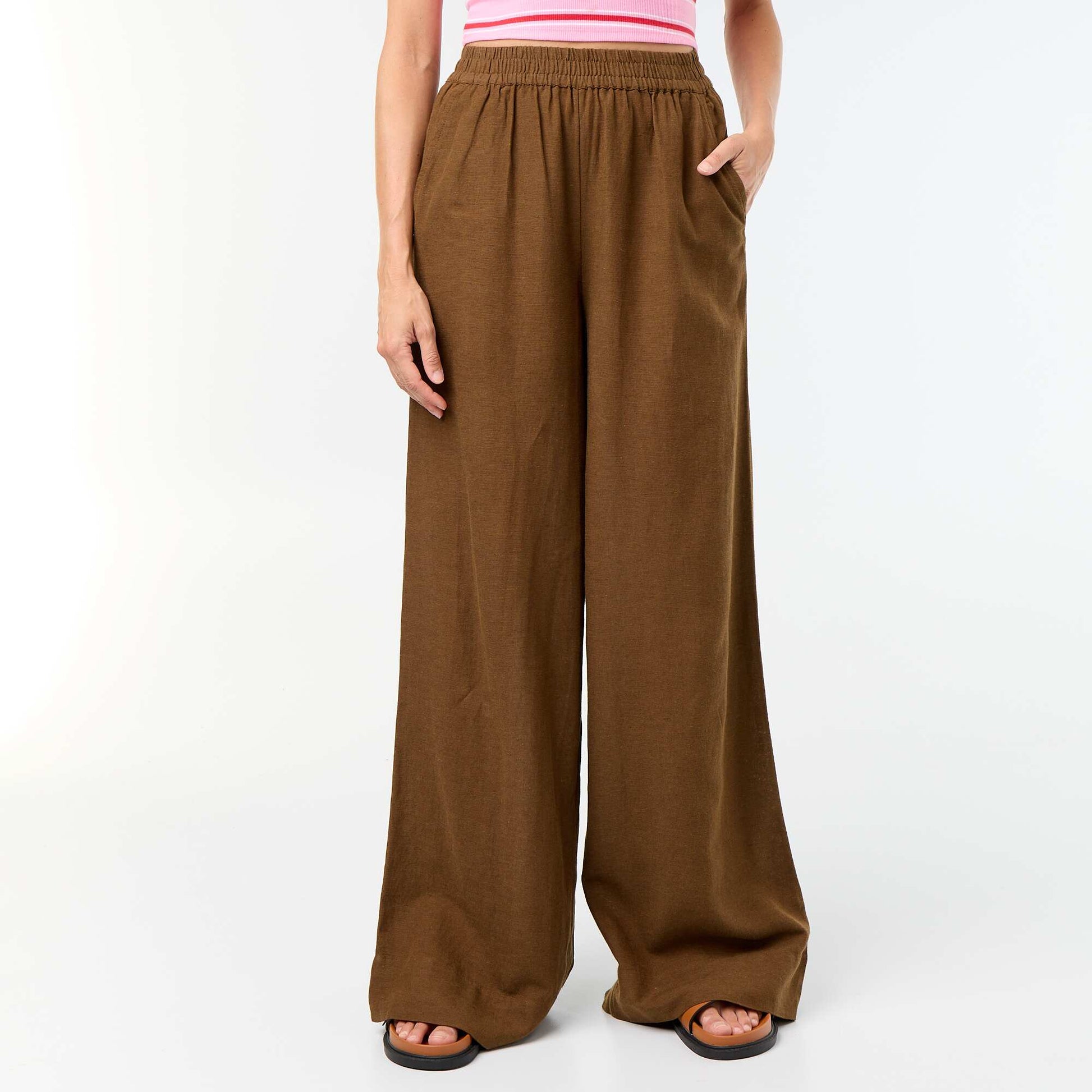 Wide-leg trousers with elasticated waist BROWN
