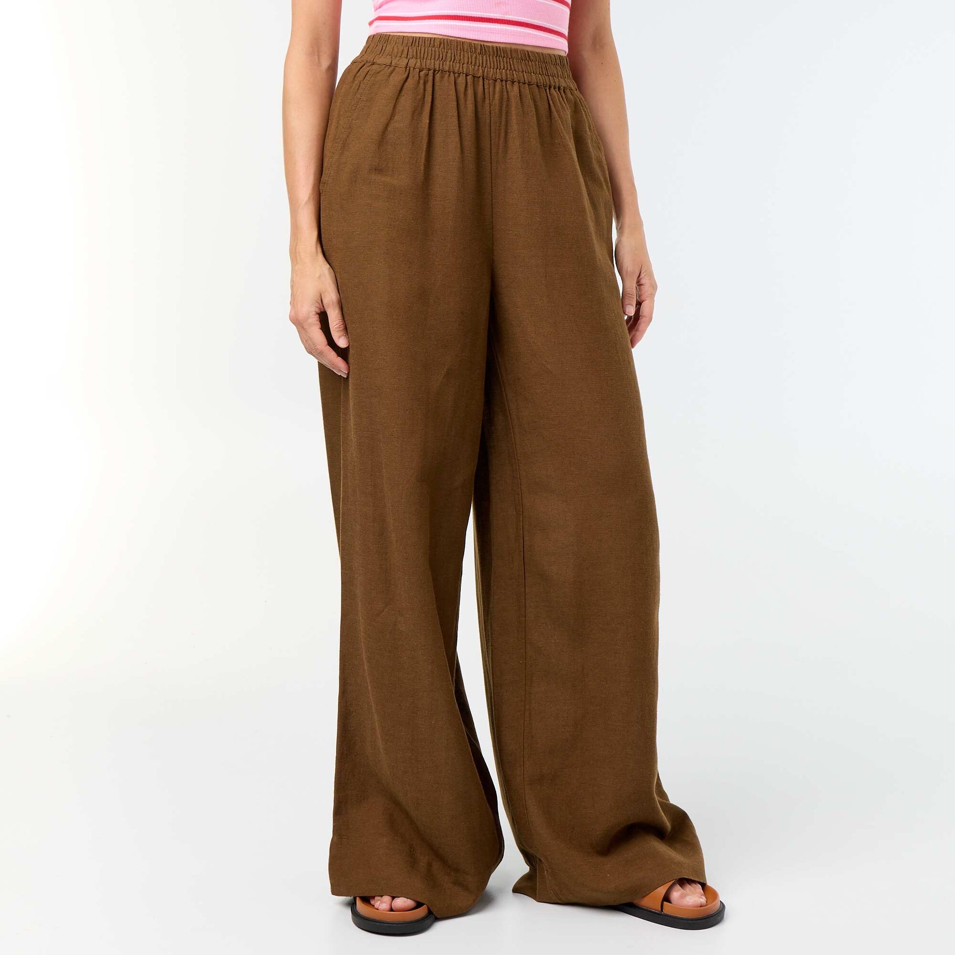 Wide-leg trousers with elasticated waist BROWN