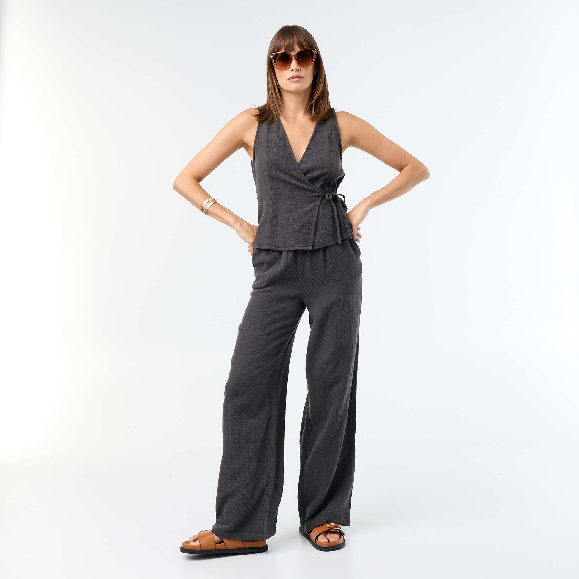 Wide Cotton Gauze Trousers BLACK