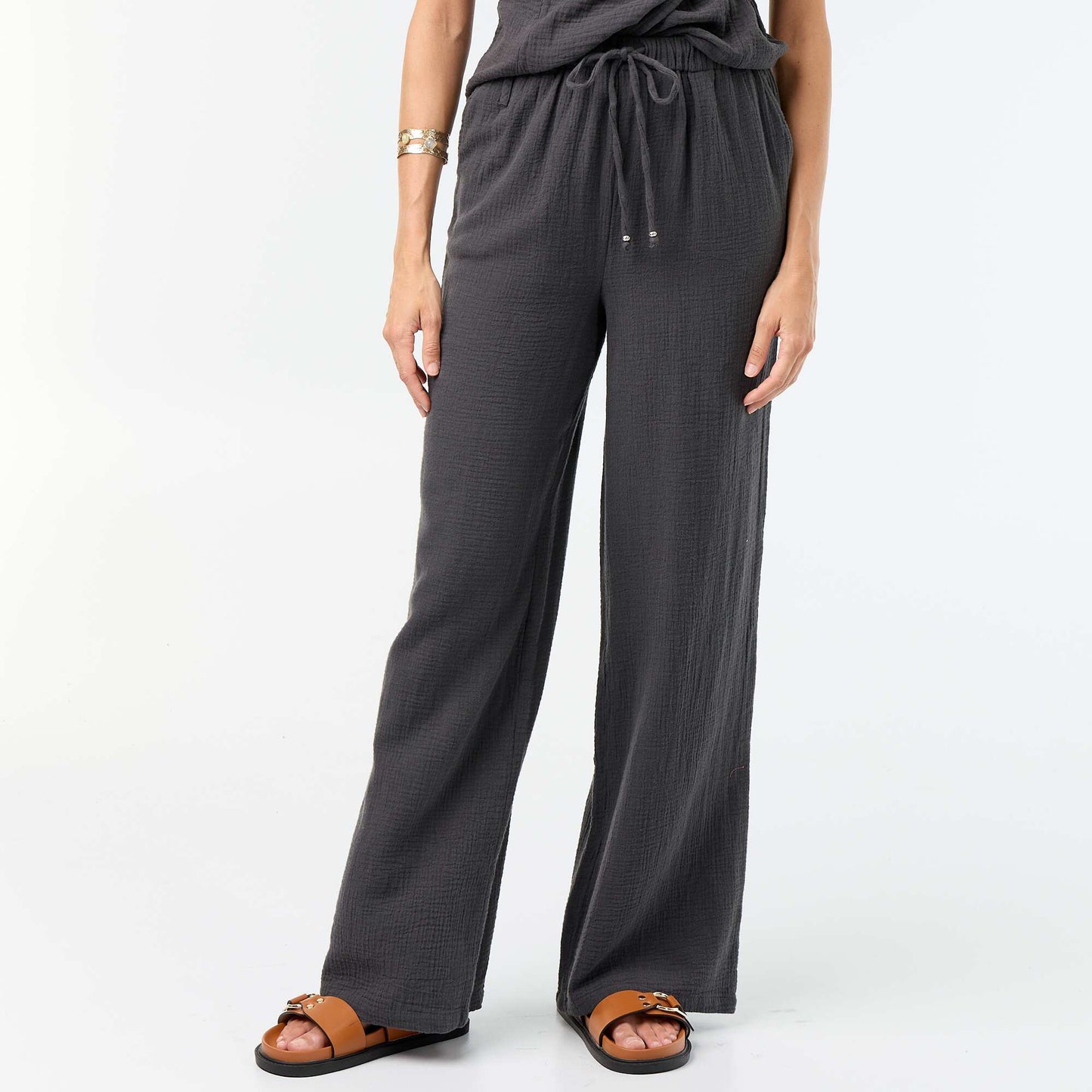 Wide Cotton Gauze Trousers BLACK