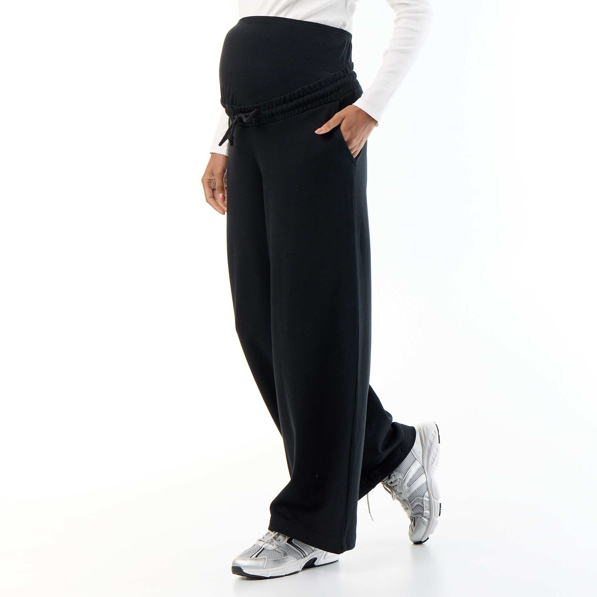 Maternity wide leg French terry joggers BLACK