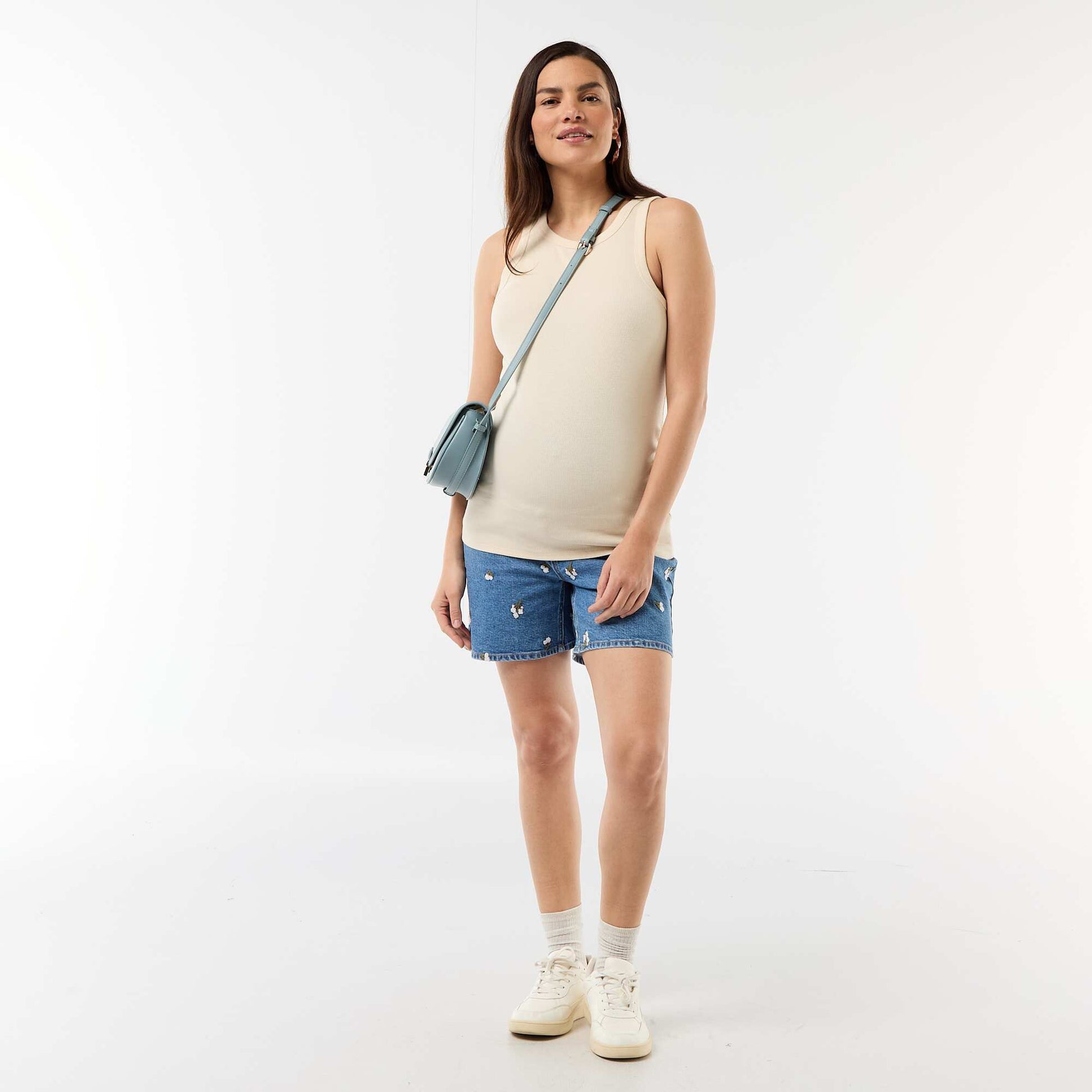 Embroidered High-Waisted Maternity Denim Bermuda Shorts BLUE
