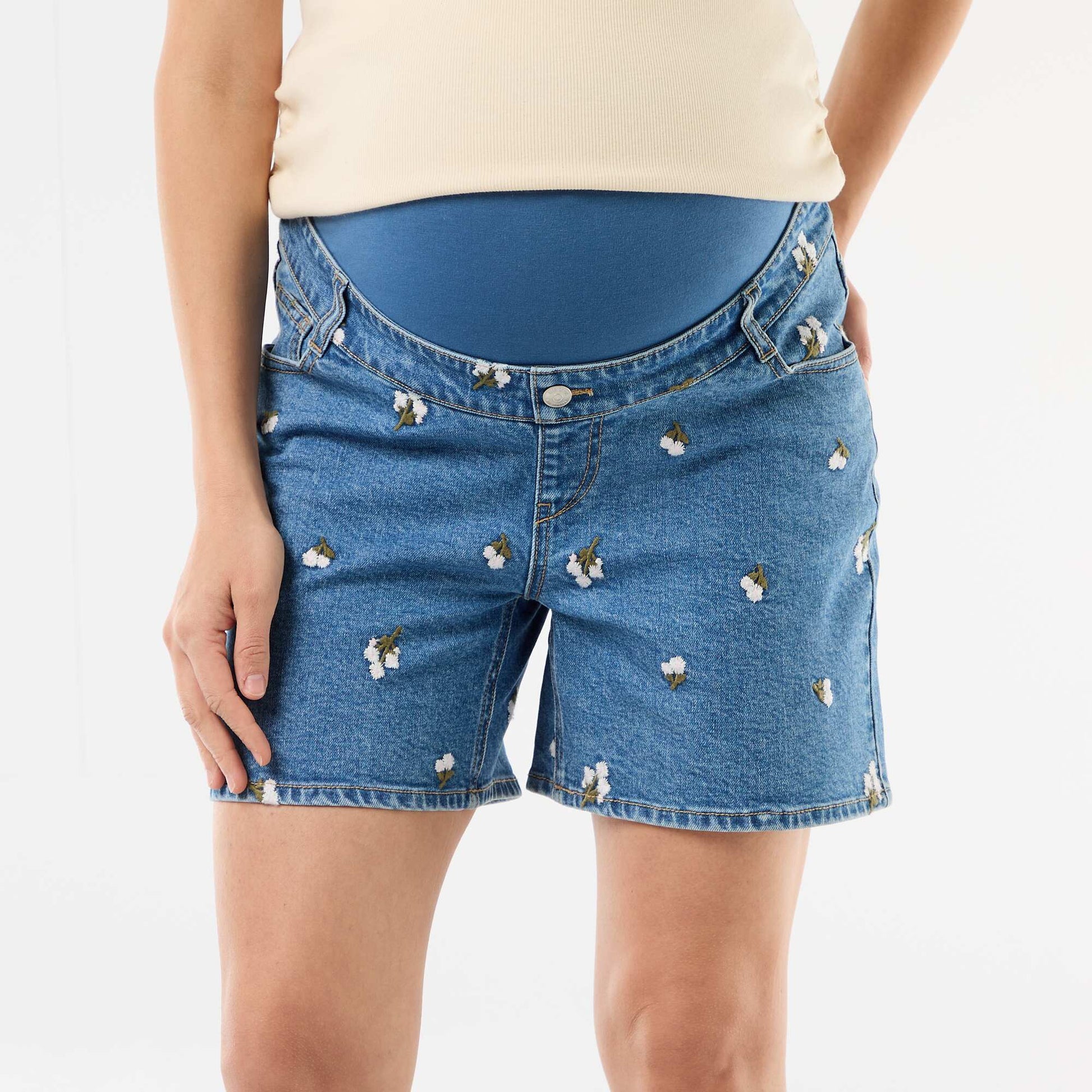 Embroidered High-Waisted Maternity Denim Bermuda Shorts BLUE