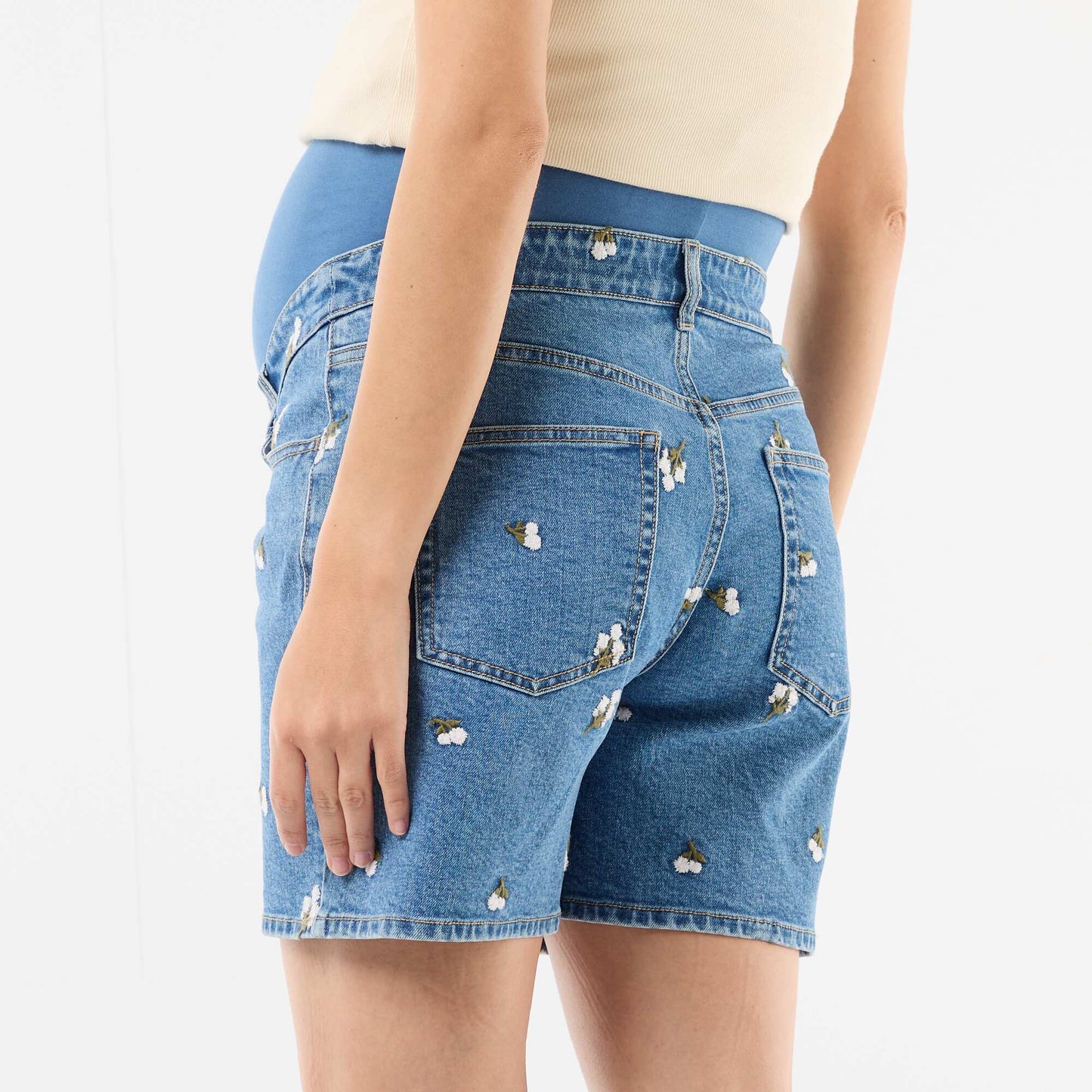 Embroidered High-Waisted Maternity Denim Bermuda Shorts BLUE