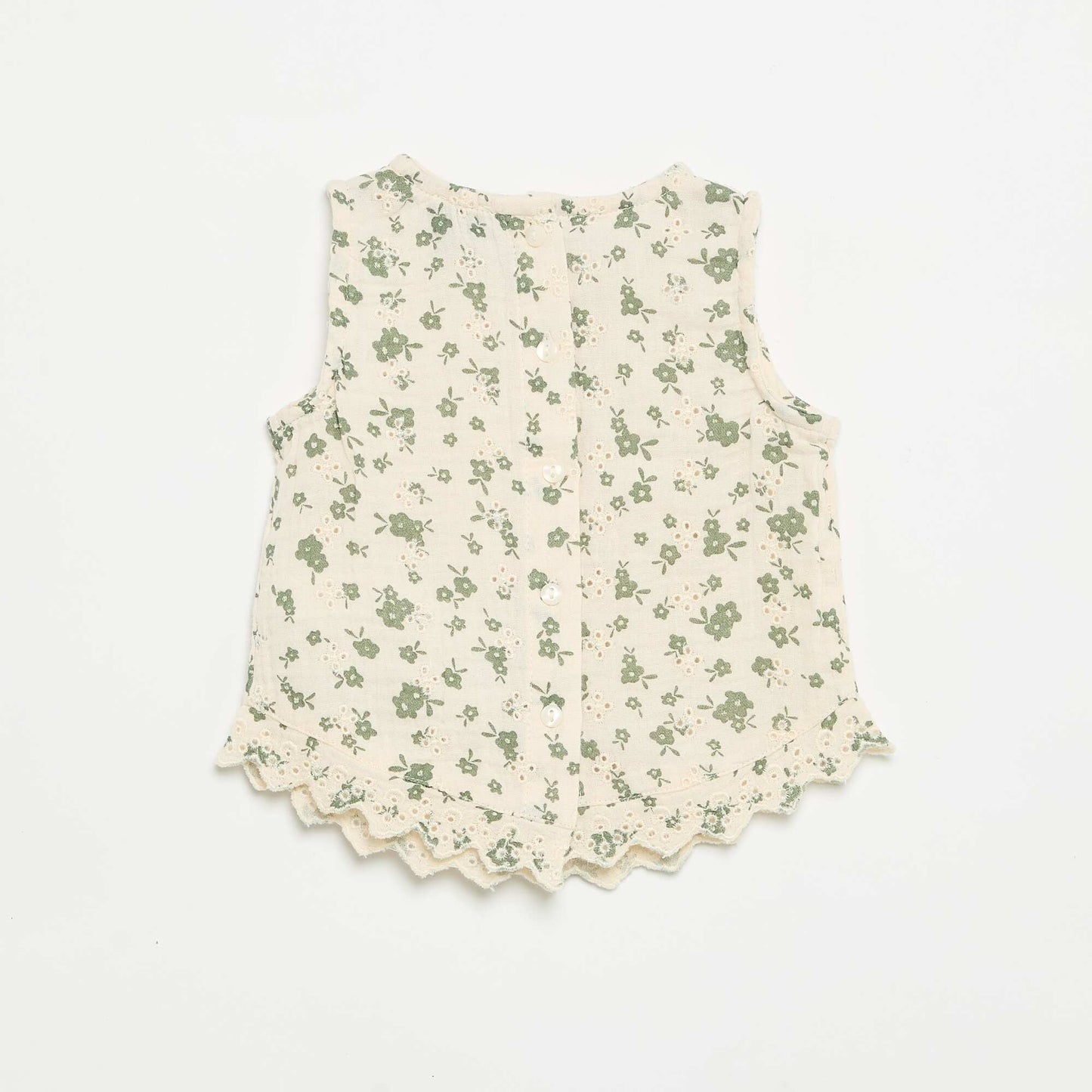 Sleeveless Cotton Gauze Blouse with Broderie Anglaise BEIGE