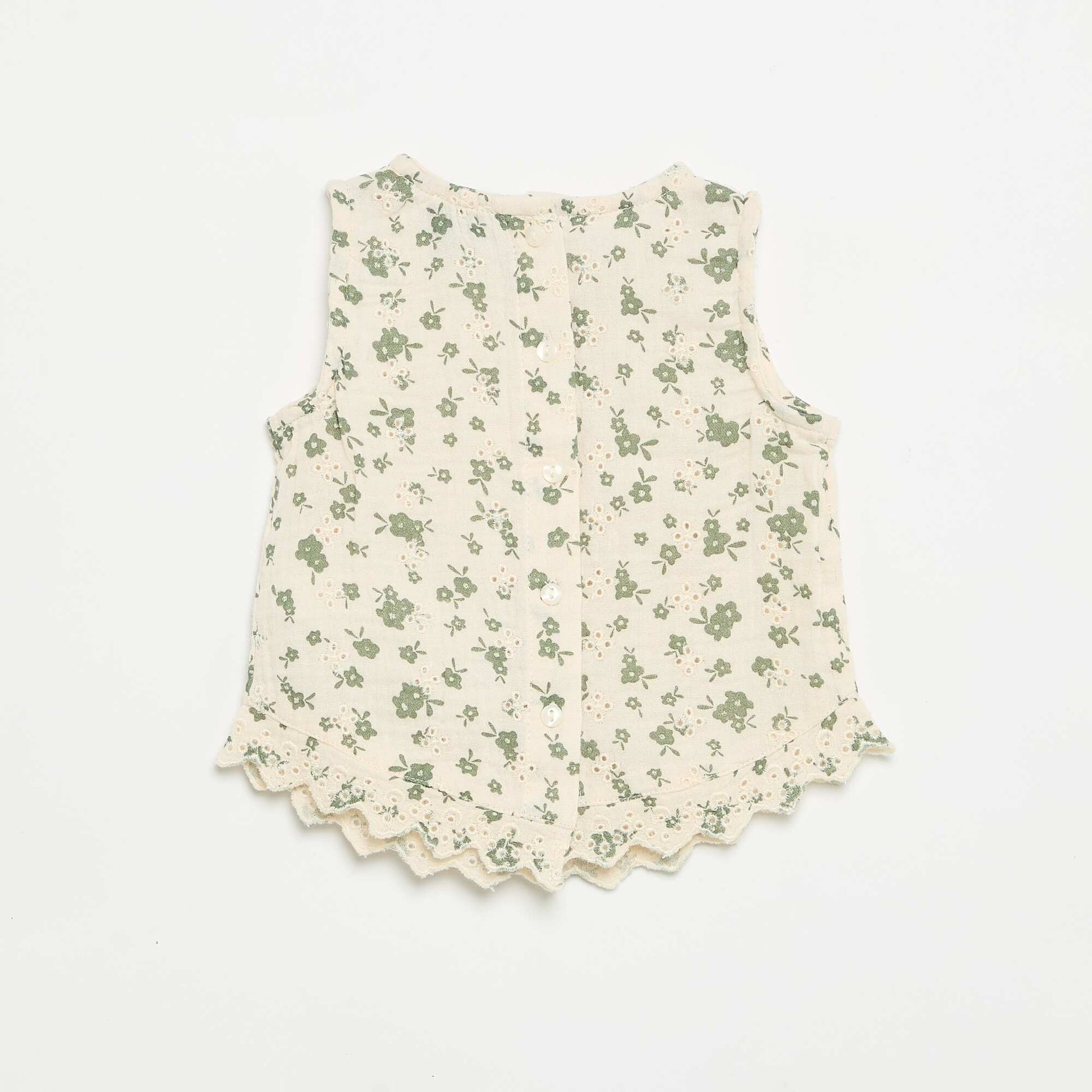 Sleeveless Cotton Gauze Blouse with Broderie Anglaise BEIGE