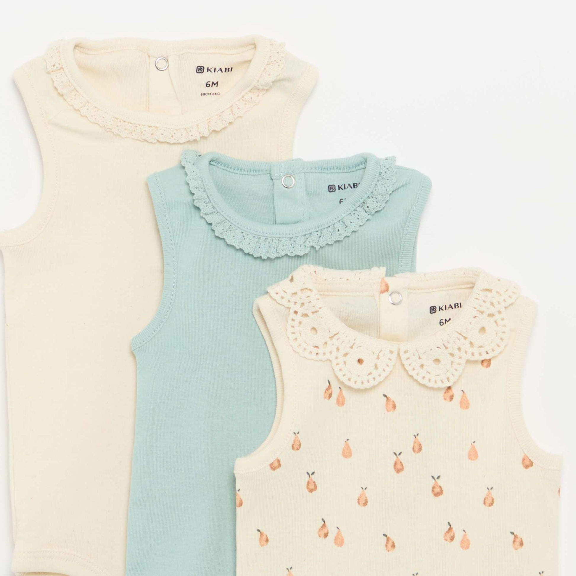 Set of 3 Embroidered Round-Neck Bodysuits BEIGE