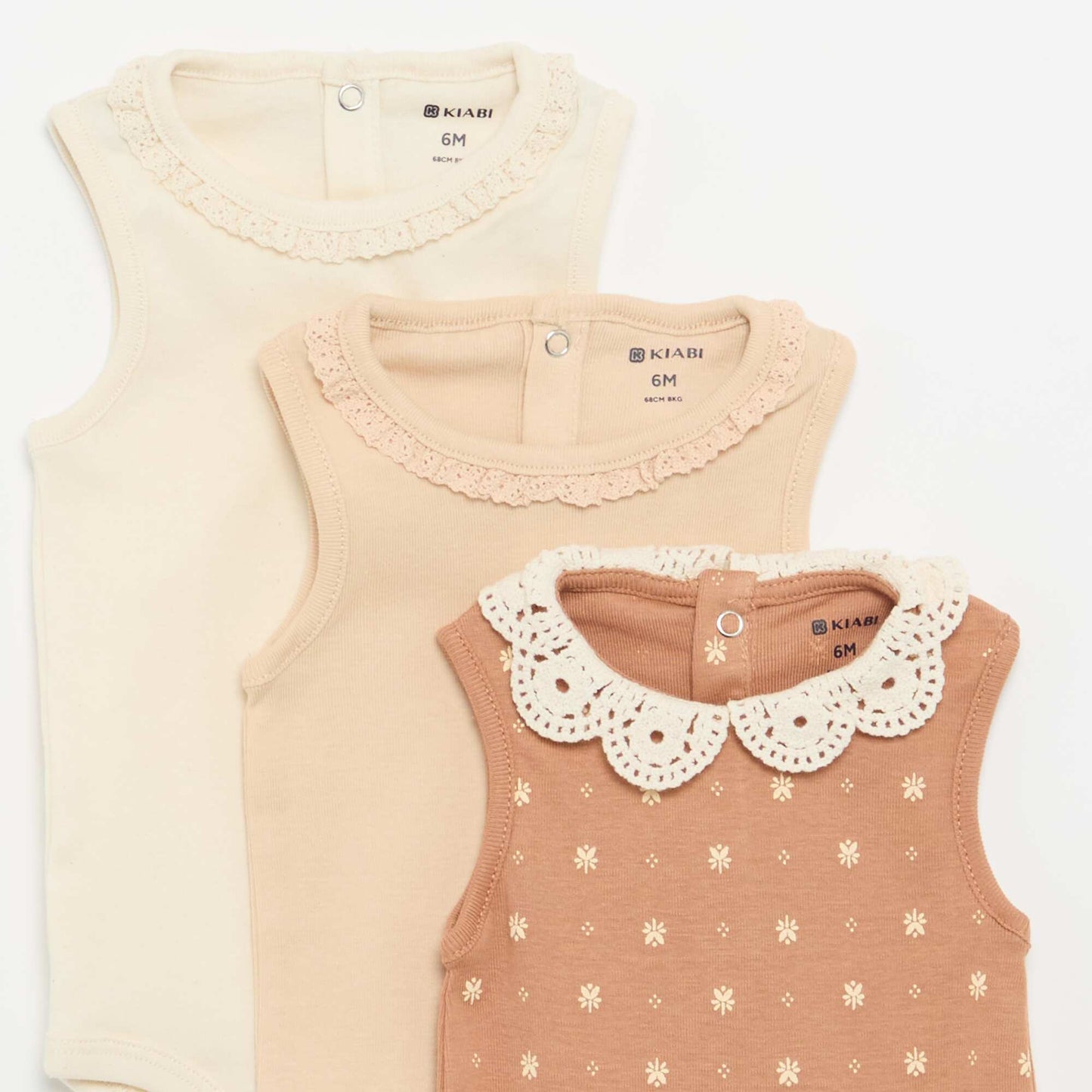 Set of 3 Embroidered Round-Neck Bodysuits BEIGE
