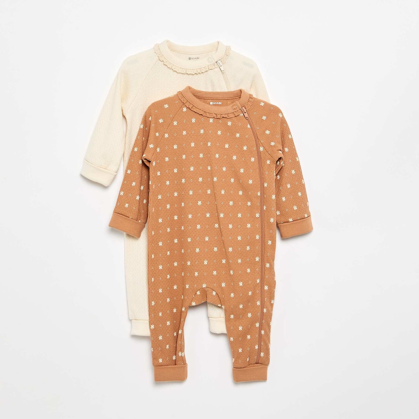 Set of 2 Thick Pointelle Knit Sleepsuits BEIGE