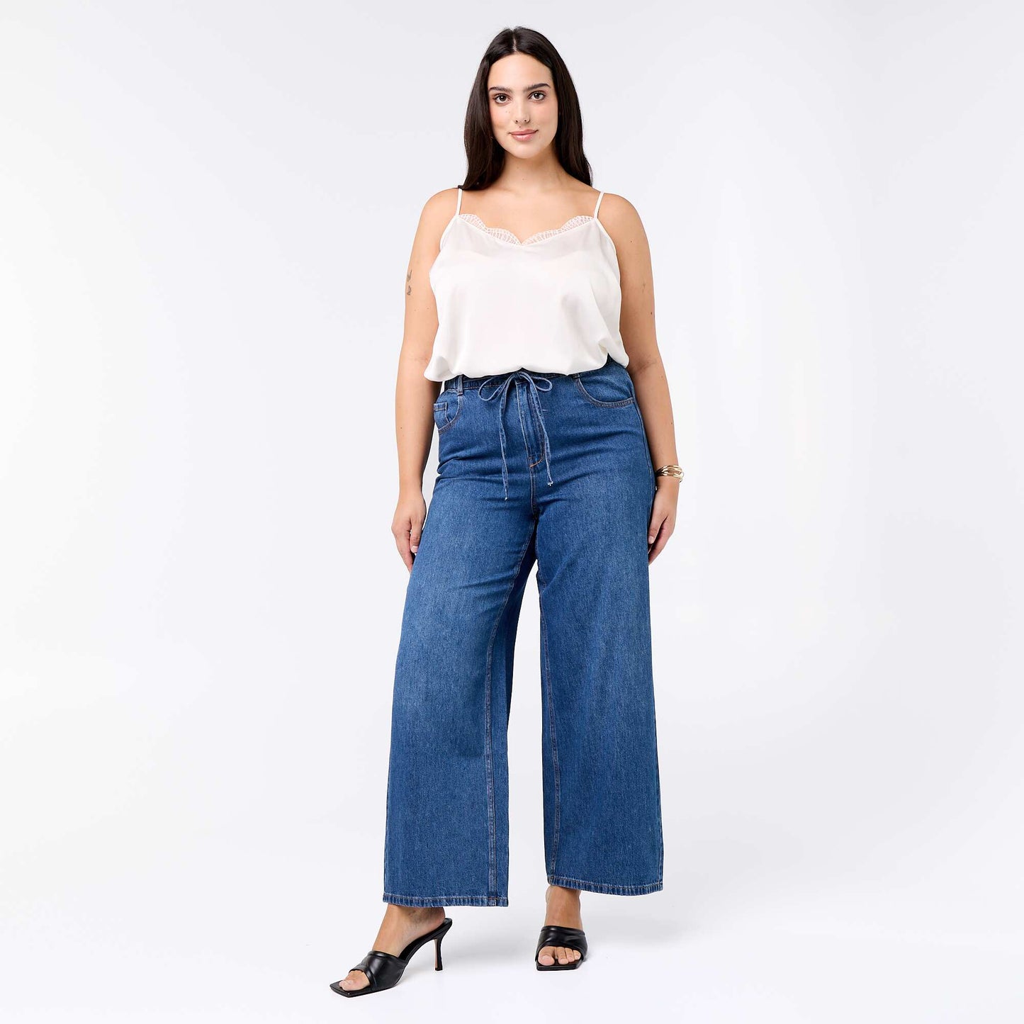 Wide-leg denim trousers with tie belt BLUE
