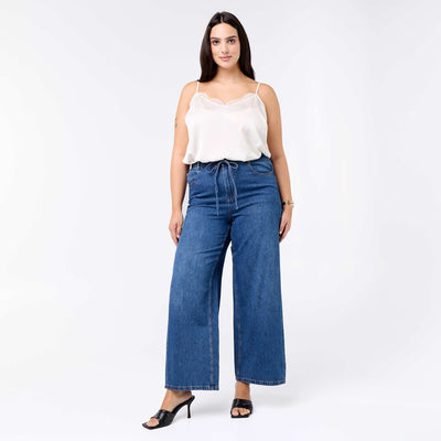Wide-leg denim trousers with tie belt BLUE
