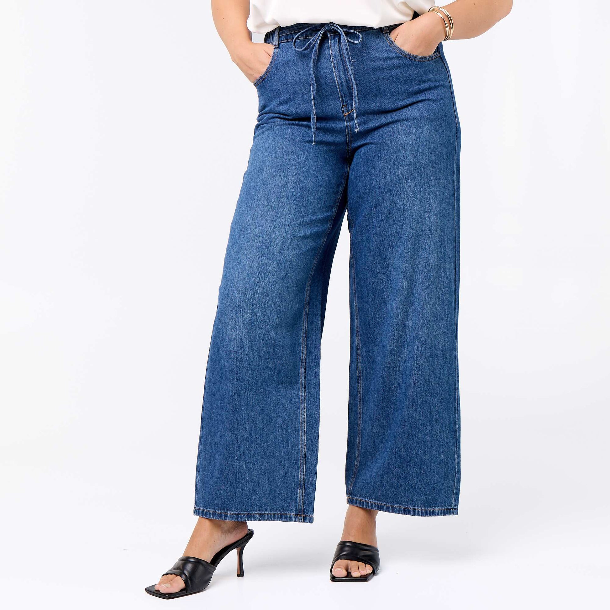 Wide-leg denim trousers with tie belt BLUE