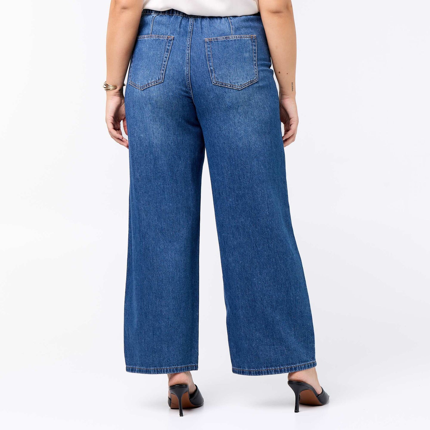 Wide-leg denim trousers with tie belt BLUE