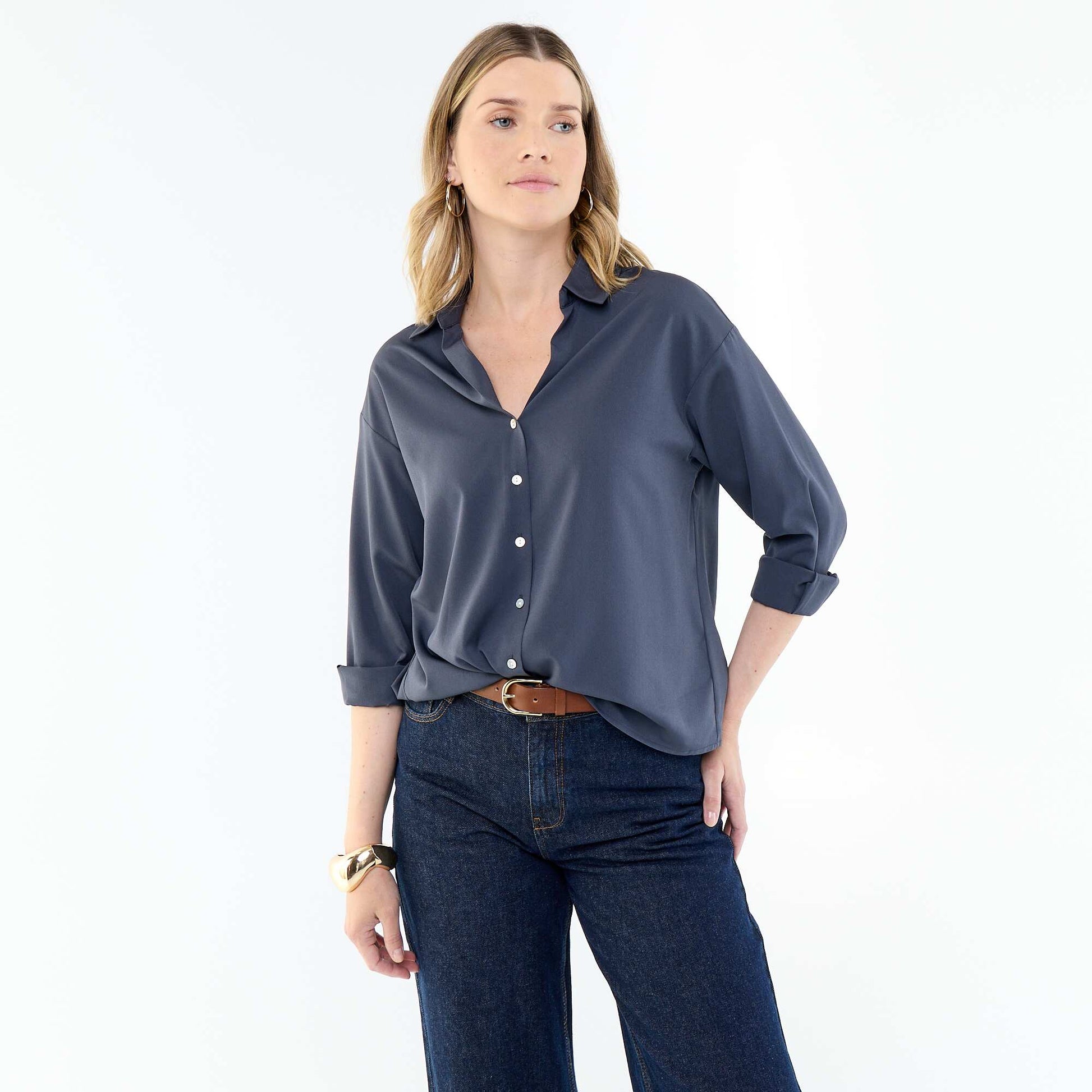 Plain Flowy Blouse BLUE