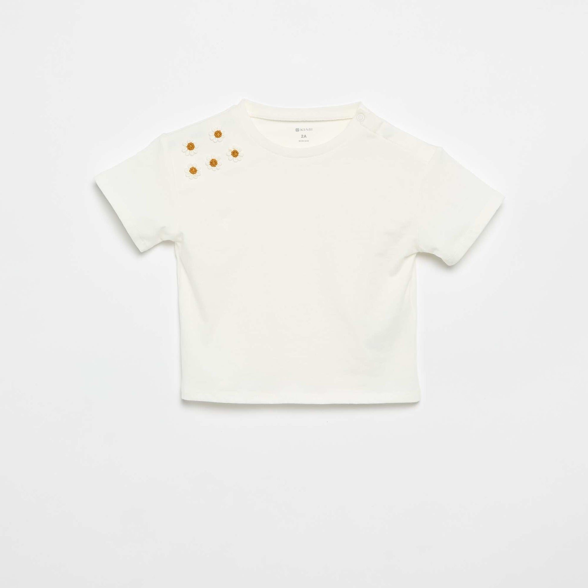 Short-sleeved T-shirt with shoulder flowers WHITE