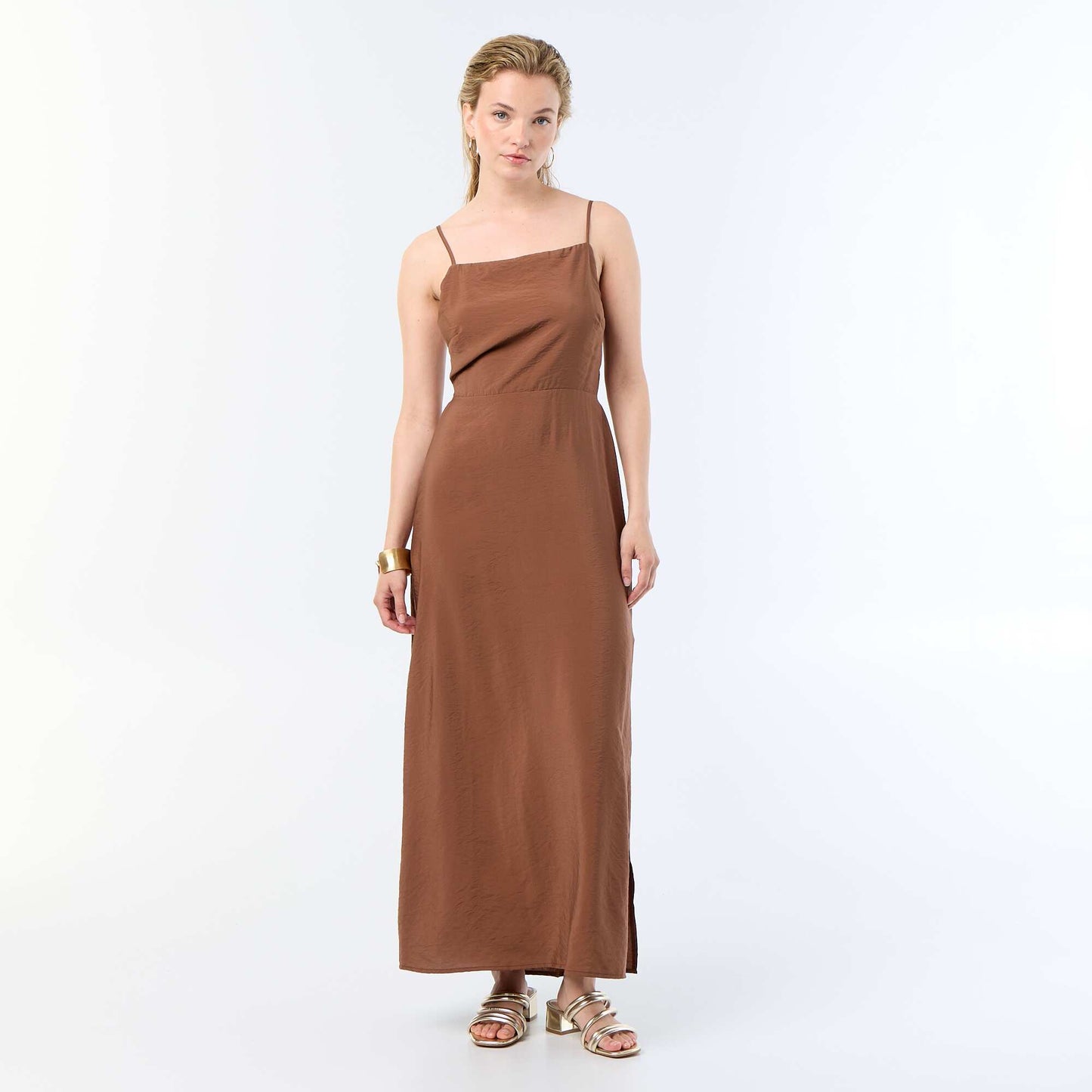 Long satin dress with thin straps BROWN