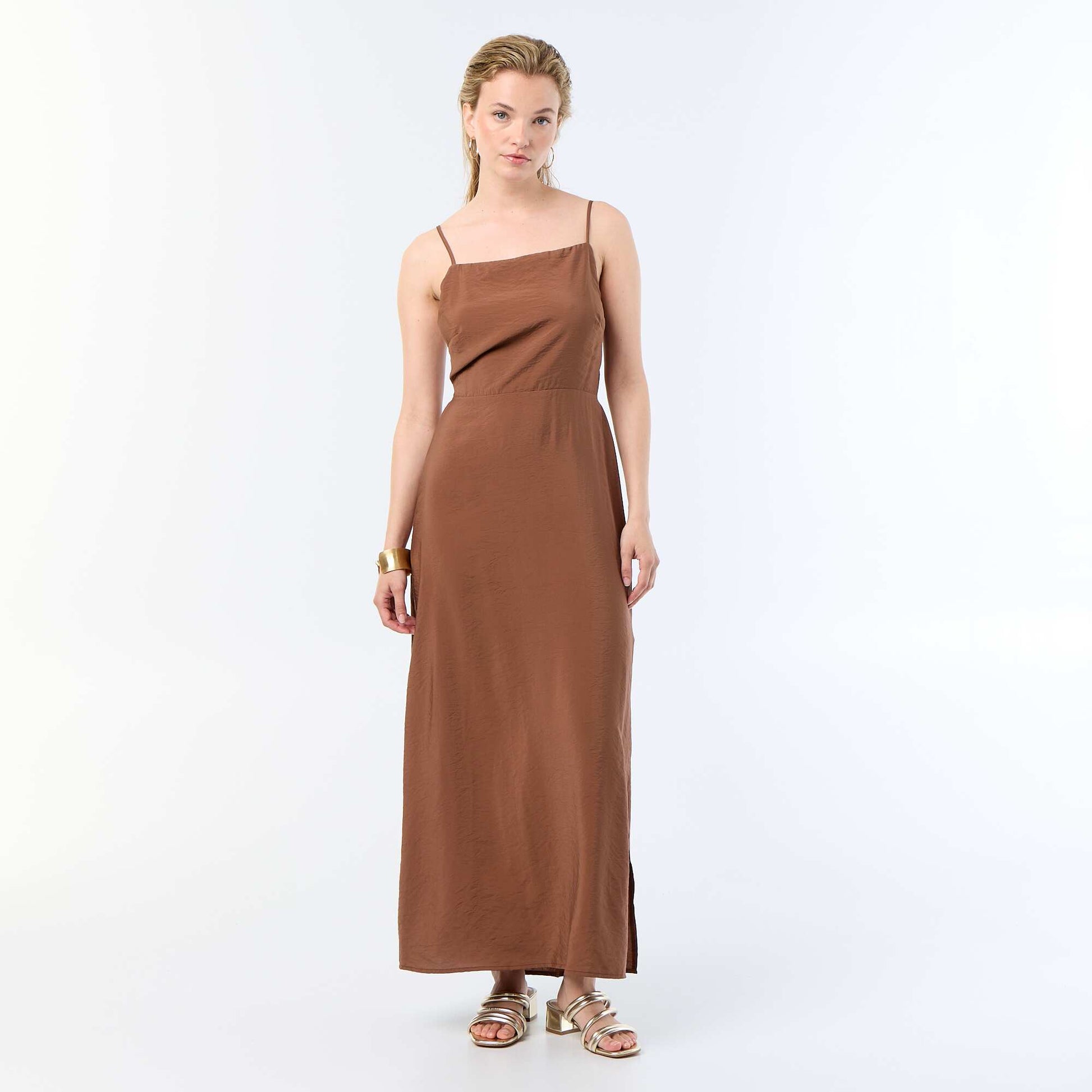 Long satin dress with thin straps BROWN