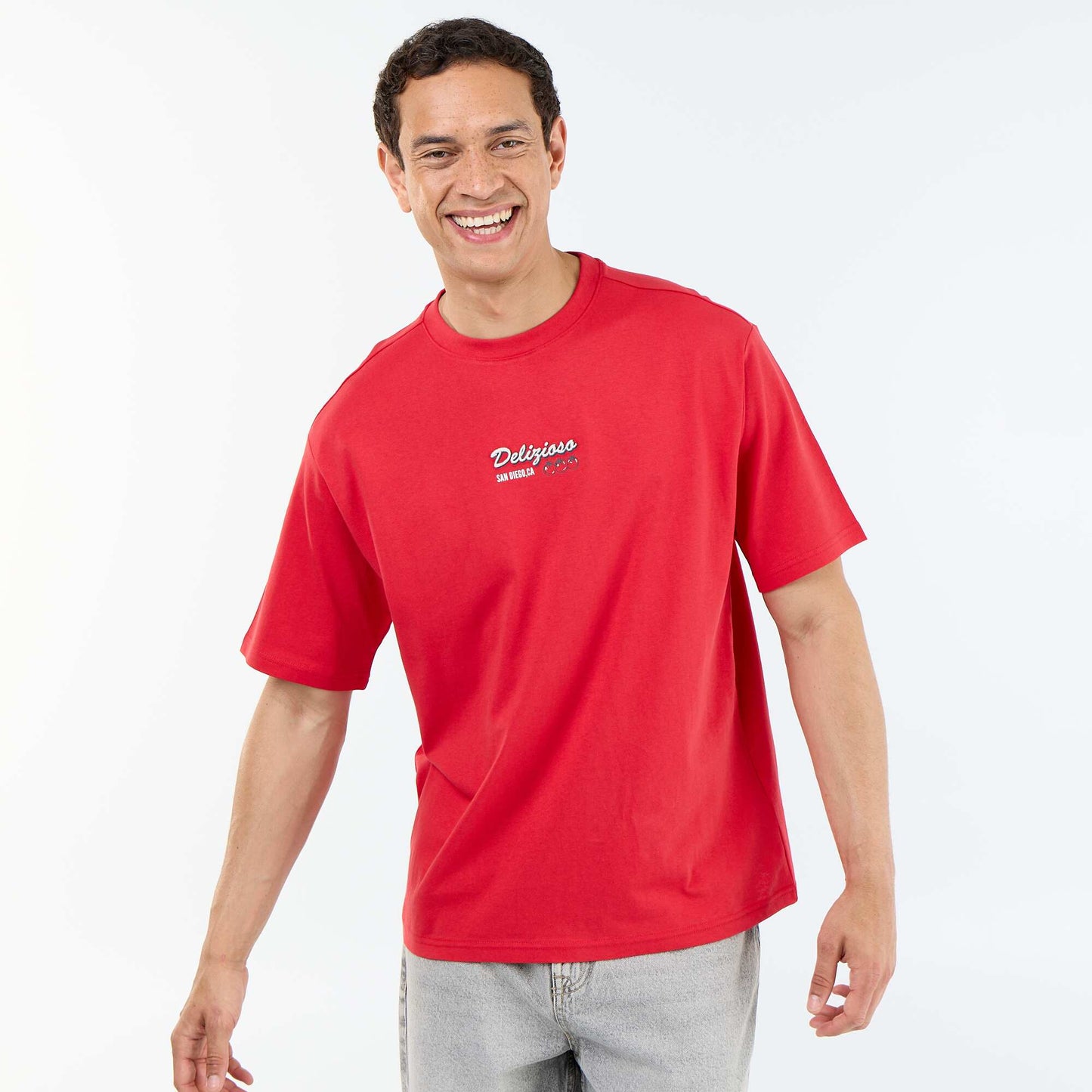 Short-sleeved T-shirt with front & back prints and embroidery RED