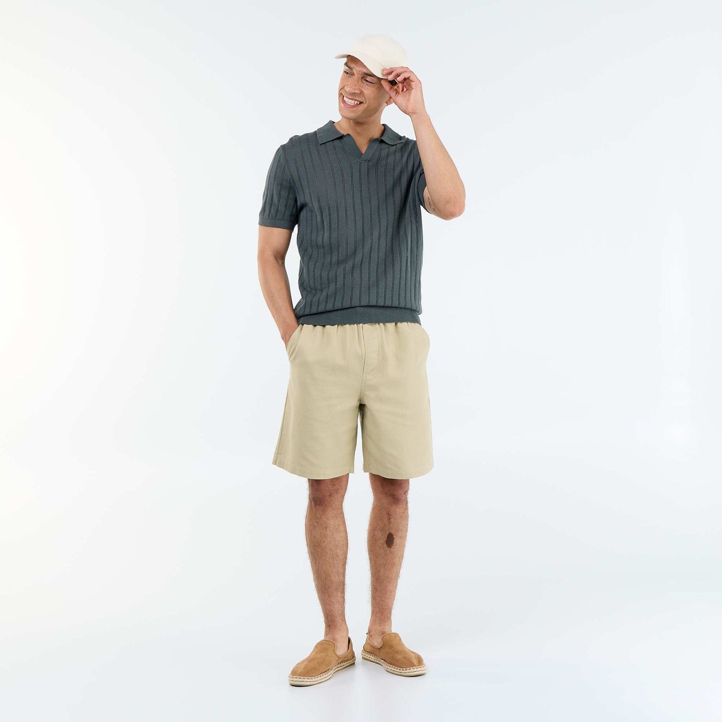 Openwork knit short-sleeved polo shirt KHAKI