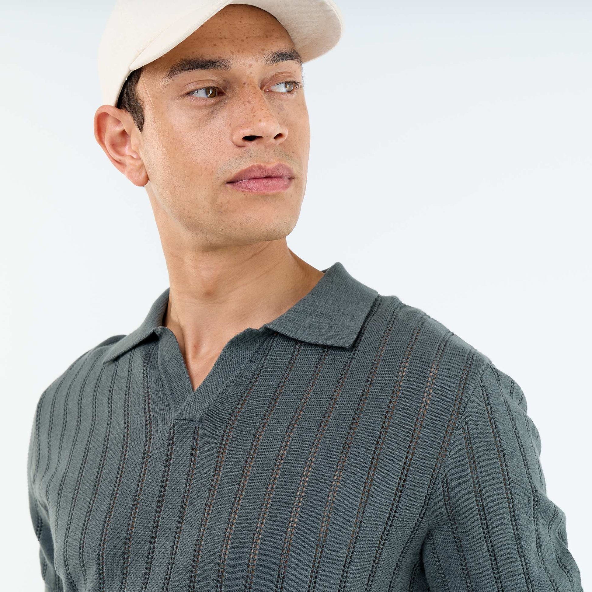 Openwork knit short-sleeved polo shirt KHAKI