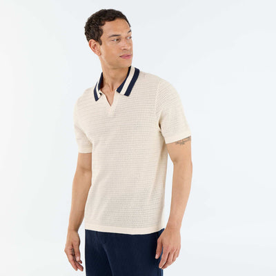 Short Sleeve Open-Knit Polo Shirt BEIGE