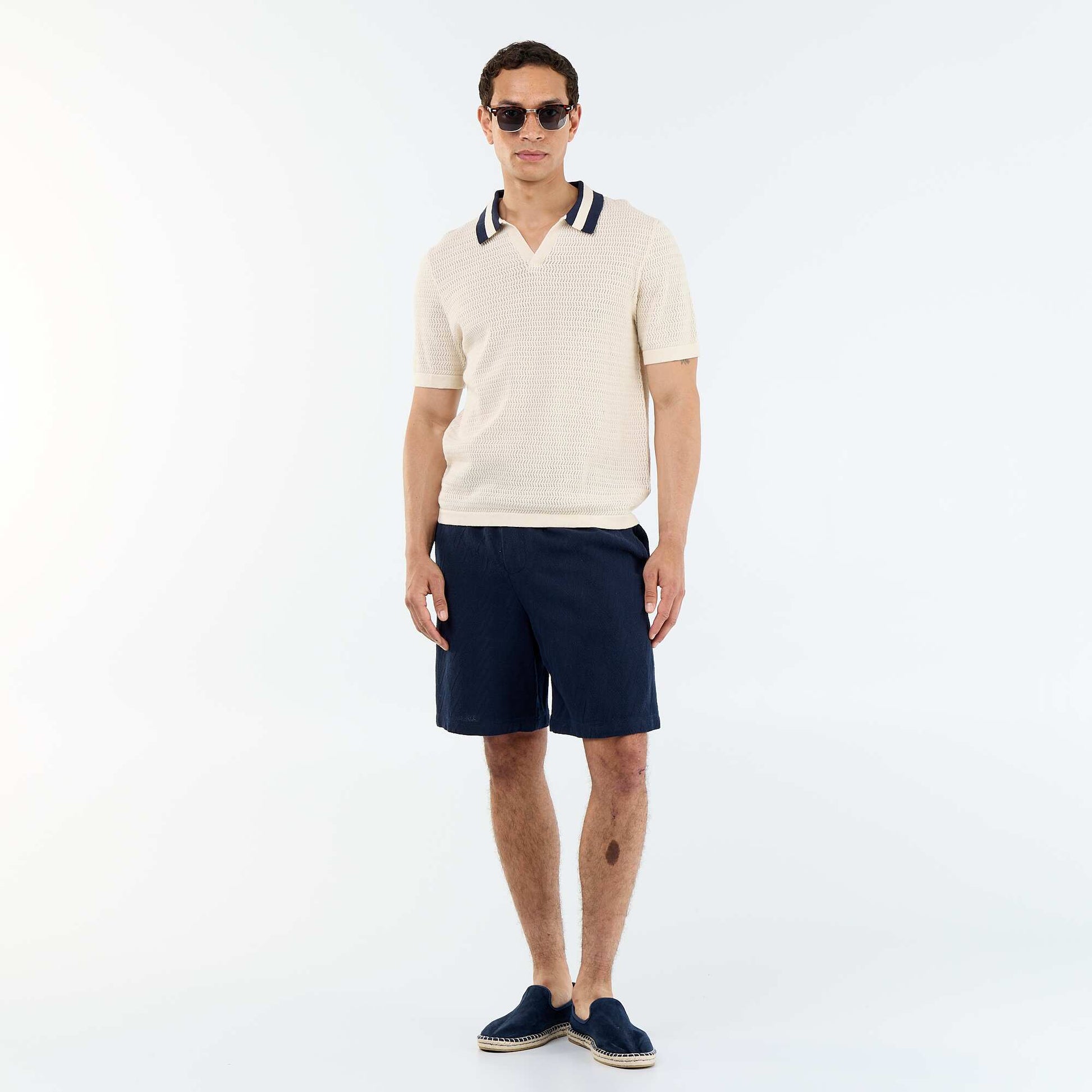 Short Sleeve Open-Knit Polo Shirt BEIGE