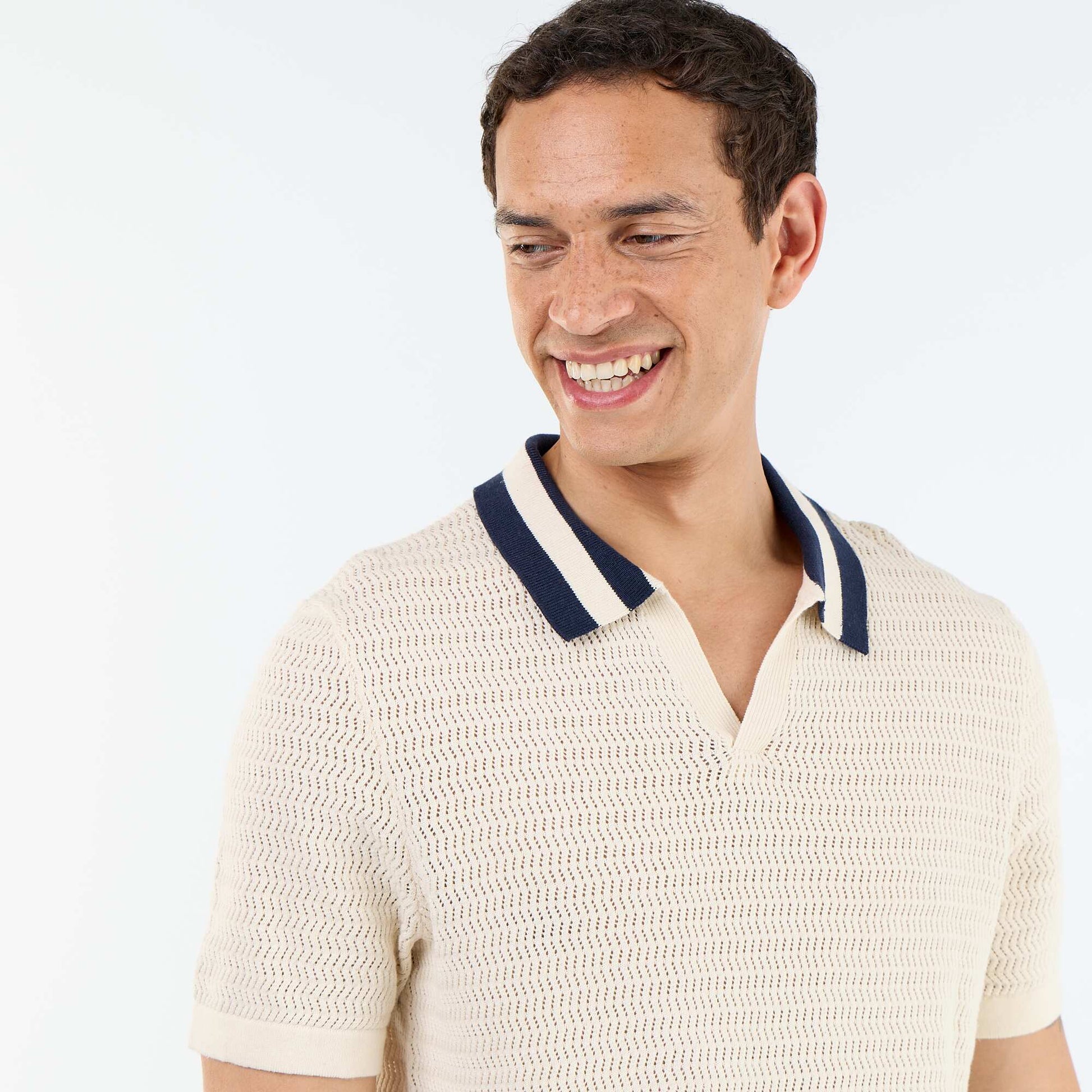 Short Sleeve Open-Knit Polo Shirt BEIGE