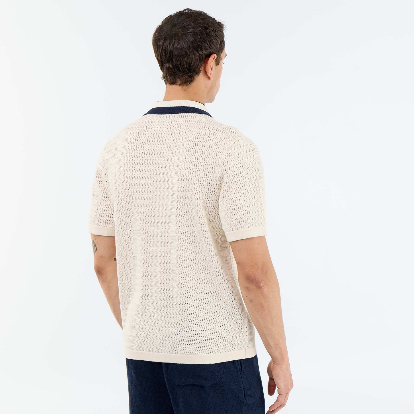 Short Sleeve Open-Knit Polo Shirt BEIGE