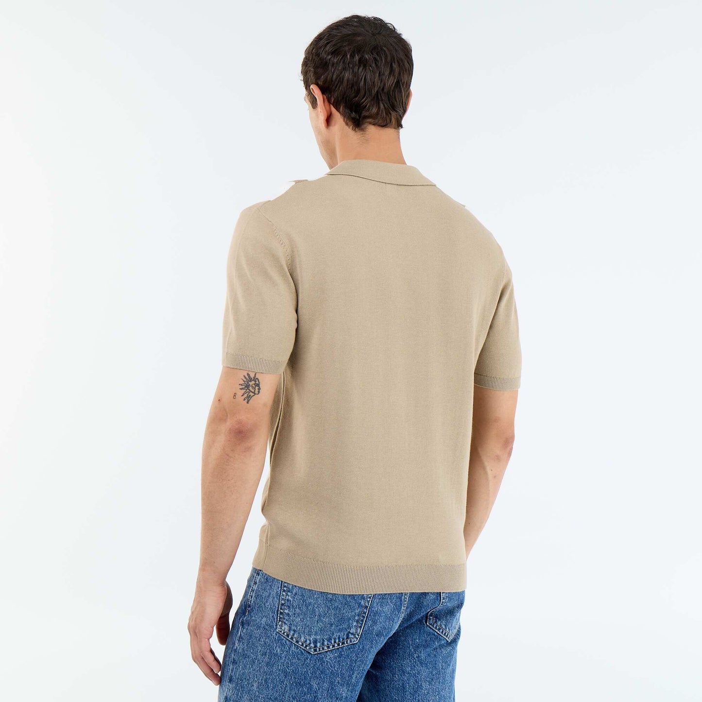 Short-Sleeved Buttonless Collar Polo Shirt BEIGE