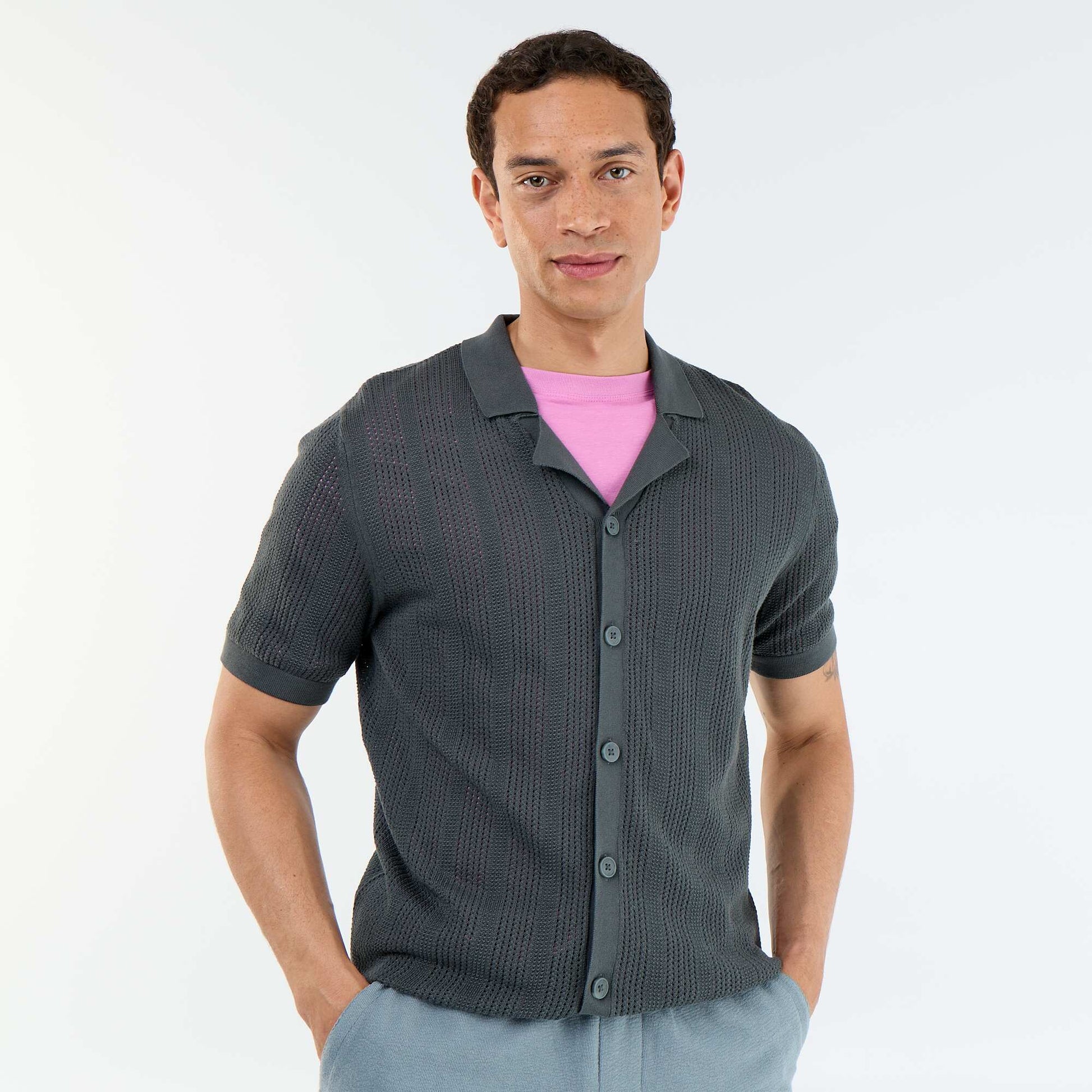 Short-sleeved openwork fabric shirt KHAKI